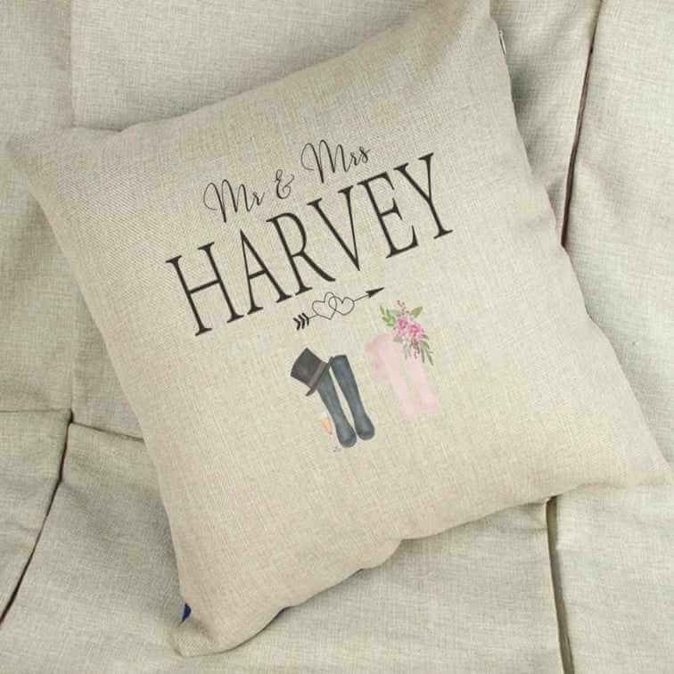 Personalised Mr & Mr Wellington Boot Wedding Linen Cushion Cover - The Gifted Panda