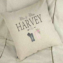 Personalised Mr & Mr Wellington Boot Wedding Linen Cushion Cover - The Gifted Panda