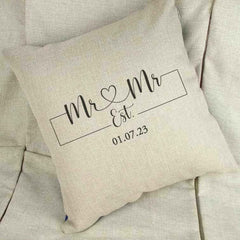 Personalised Mr & Mr Date Wedding Linen Cushion Cover - The Gifted Panda